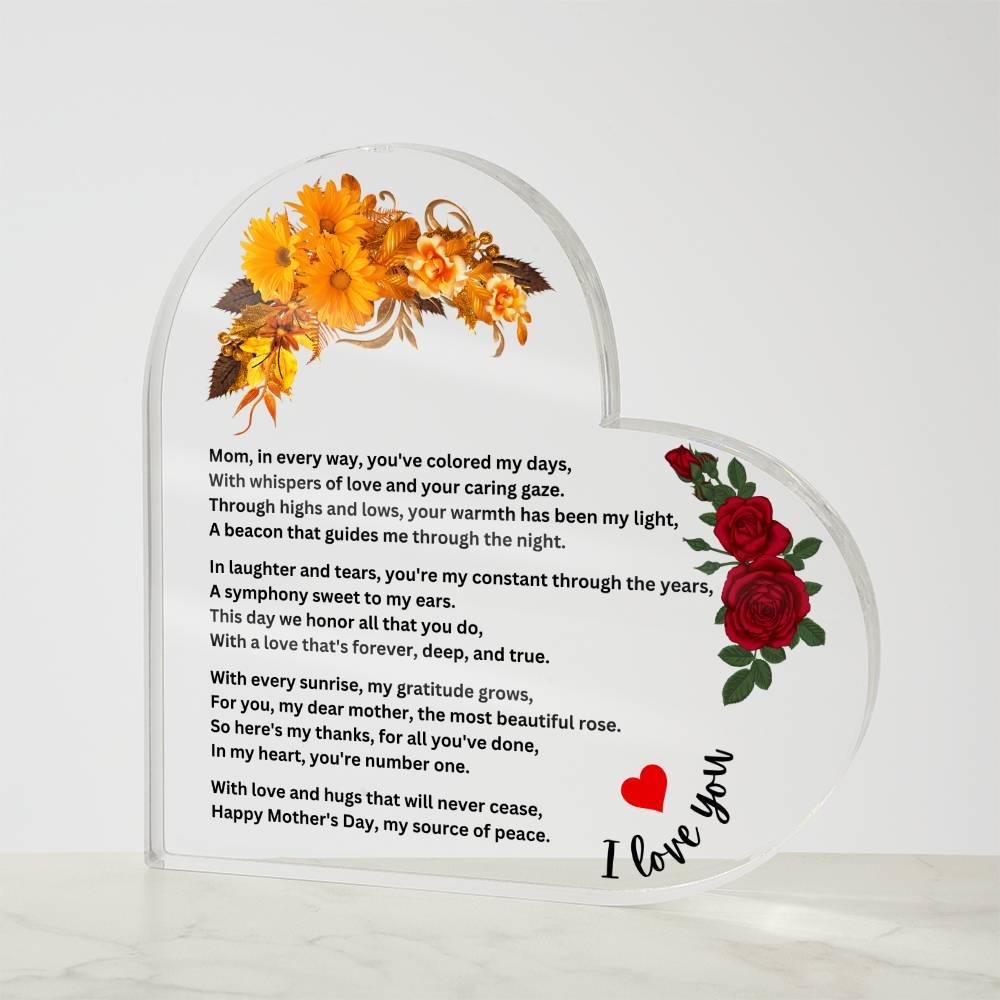 Mom Heart Acrylic Plaque , Present for Mom on Mother's Day, Mothers Plaque, Mom Birthday Gift From Daughter Or Son - AnalyticsMerch.Com