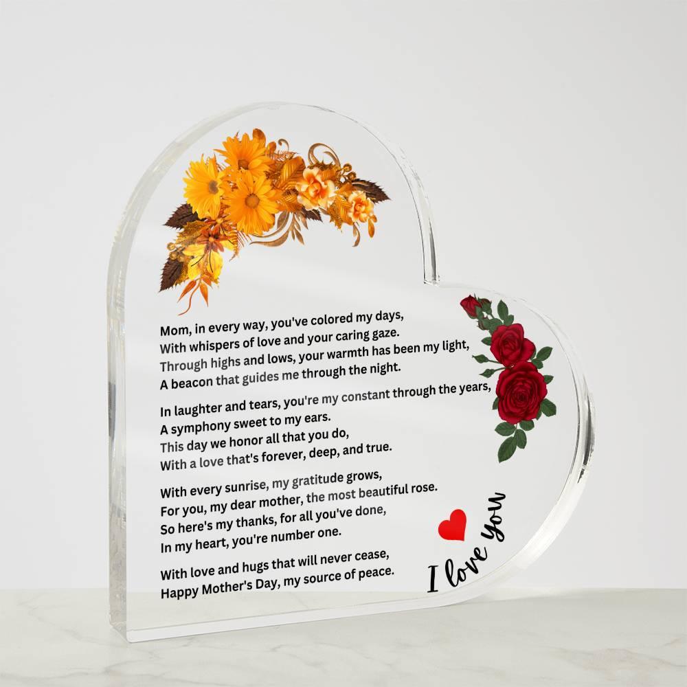 Mom Heart Acrylic Plaque , Present for Mom on Mother's Day, Mothers Plaque, Mom Birthday Gift From Daughter Or Son - AnalyticsMerch.Com