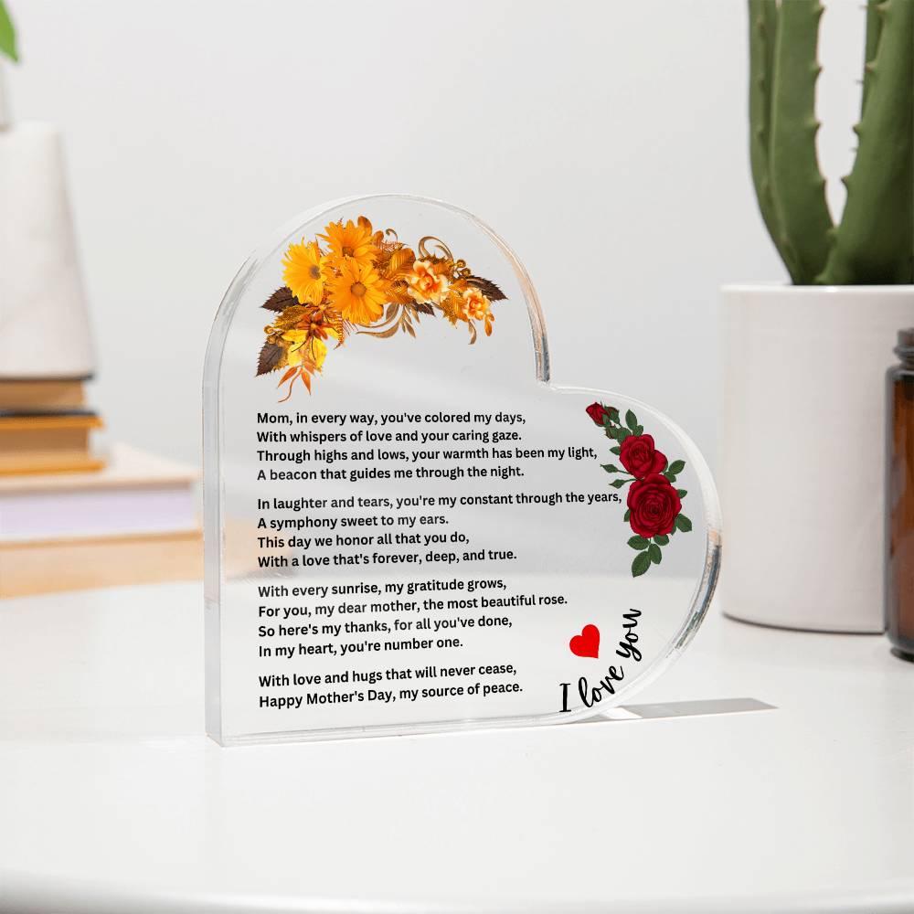 Mom Heart Acrylic Plaque , Present for Mom on Mother's Day, Mothers Plaque, Mom Birthday Gift From Daughter Or Son - AnalyticsMerch.Com